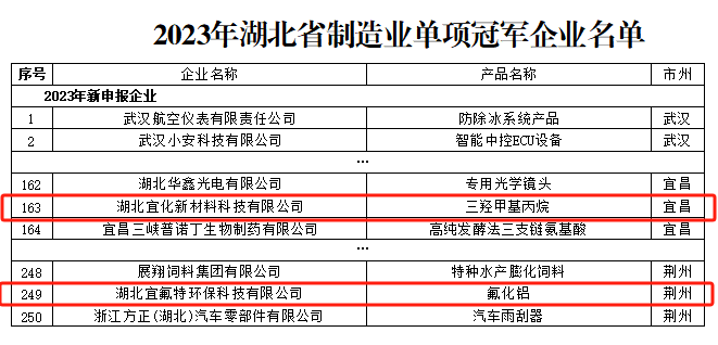 宜化新材料、宜氟特環(huán)保公司獲評2023年湖北省制造業(yè)單項冠軍企業(yè)(圖1)