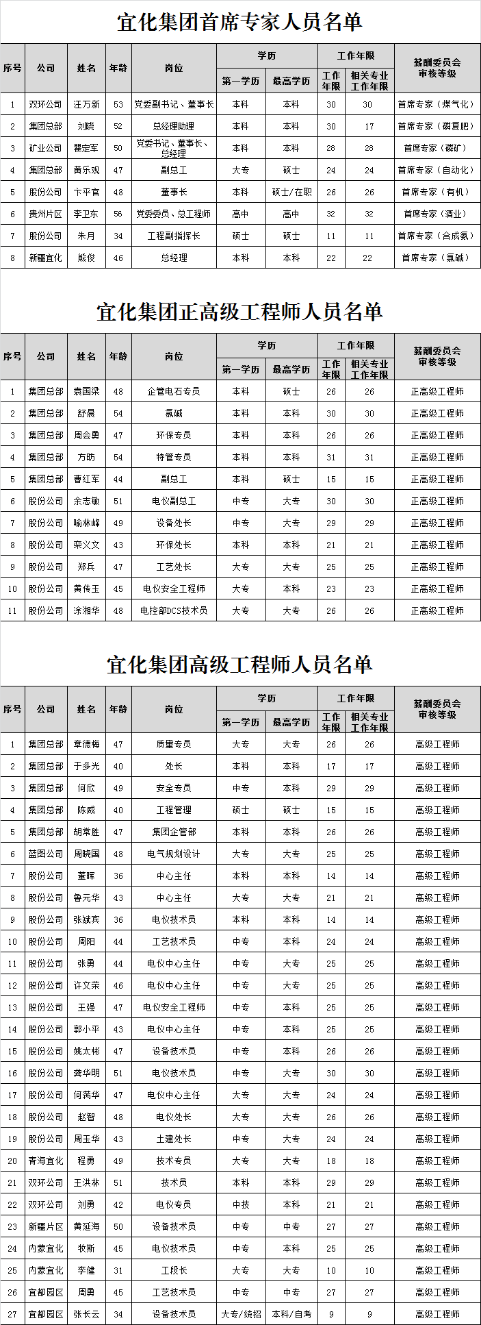 宜化集團(tuán)首席專家、正高級工程師、高級工程師評審結(jié)果公示